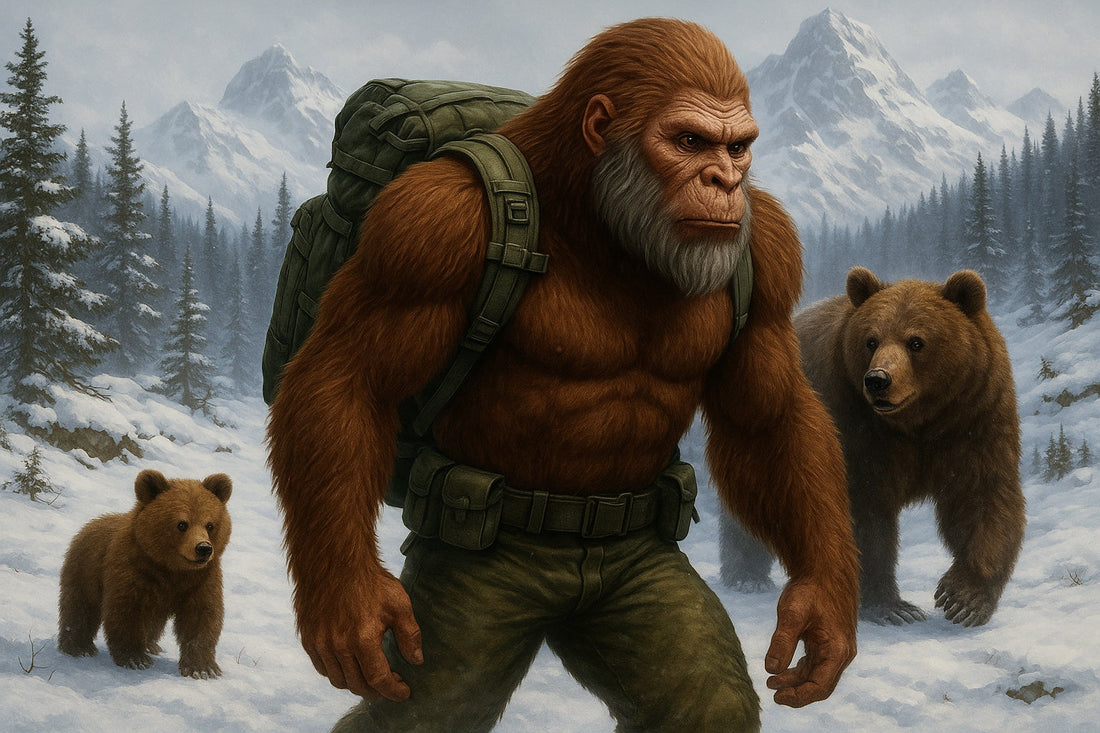 Sasquatch observes a brown bear and cub in snowy Alaskan terrain, highlighting wilderness survival from Chapter 7 of Against the Odds.