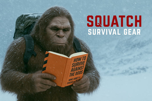 Sasquatch stands in a snowy blizzard reading How to Survive Against the Odds with focus and determination, wearing a backpack, beside bold Squatch Survival Gear