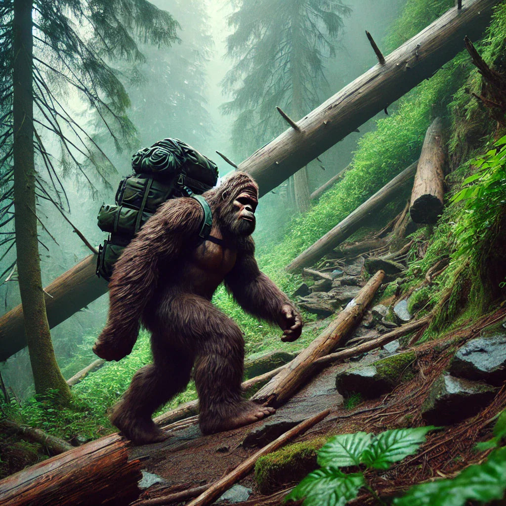 Squatch Survival Gear Bigfoot rucking thru the forest mountains
