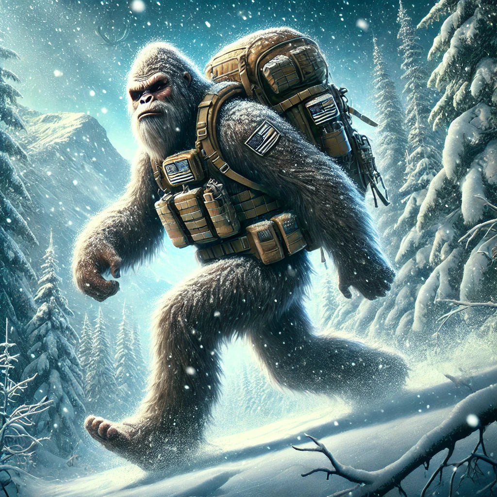 Bigfoot trekking through a snowy wilderness with a rugged tactical squatch survival backpack.