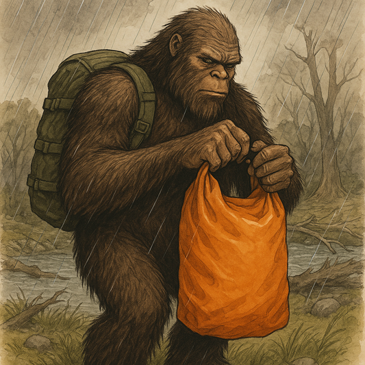 Sasquatch in the rain sealing an orange dry bag, wearing a backpack, standing near a flooded forest during a survival hike.