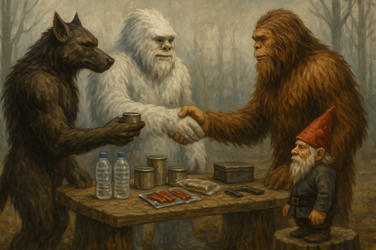 Bigfoot, Dogman, White Yeti, and a Gnome trade supplies like jerky, canned food, water, and tools around a wooden table, symbolizing Squatch Survival Gear’s barter economy survival guide