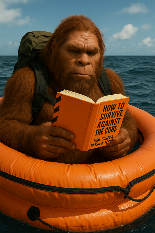 A Sasquatch reads How to Survive Against the Odds by Mike Corey and Cassie De Pecol while floating in an orange emergency life raft on the open ocean.