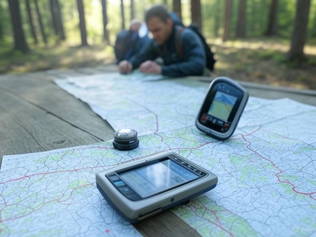 Advanced land navigation tools on a topographic map, including a compass, altimeter, GPS device, and pace beads, with a hidden Bigfoot and Squatch Survival Gear