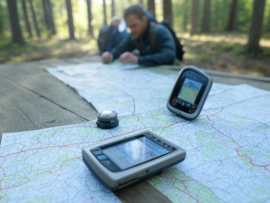 Advanced land navigation tools on a topographic map, including a compass, altimeter, GPS device, and pace beads, with a hidden Bigfoot and Squatch Survival Gear