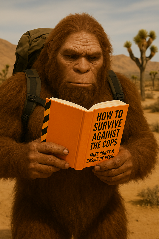 Bigfoot reads How to Survive Against the Odds while floating in an orange emergency life raft at sea, Squatch Survival Gear logo in the corner.