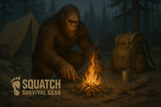 Bigfoot sets up a tactical campfire under forest cover with an American-made backpack beside him, displaying Squatch Survival Gear branding in the lower left — representing priorities of work in survival.