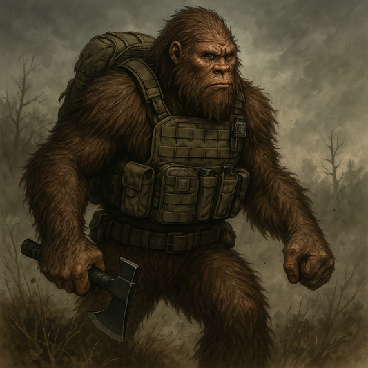 Bigfoot wearing Squatch Survival Gear tactical backpack and chest rig stands in a smoky disaster zone, symbolizing calm decision-making under pressure with American-made survival gear.