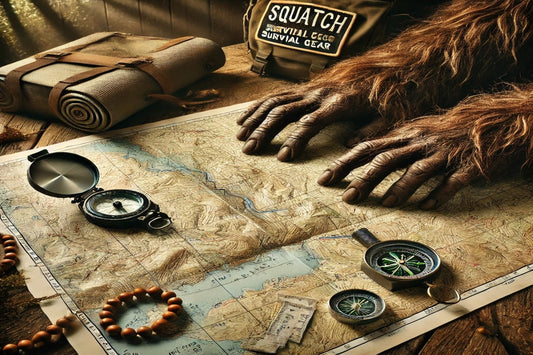 Bigfoot studying a topographic map with compass and protractor, highlighting the map legend and land navigation tools in a wilderness setting.