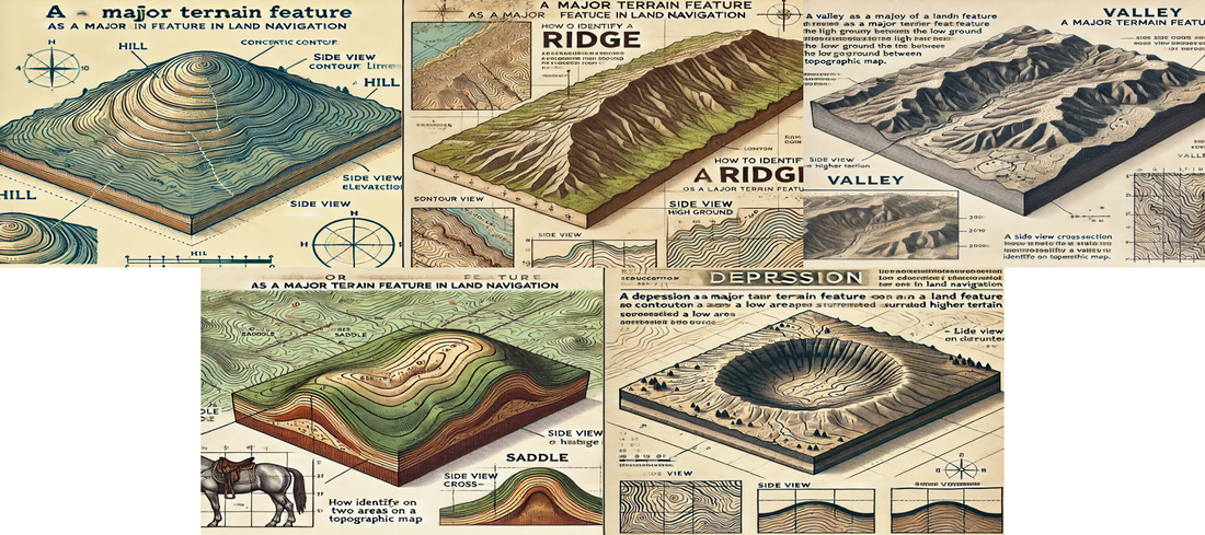 Detailed illustration of the five major terrain features for land navigation: Hill, Ridge, Valley, Saddle, and Depression. Includes topographic map representations and cross-section views,