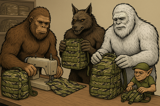 Dogman, Sasquatch, Yeti, and a tough-looking Gnome team up in a workshop to handcraft tactical backpacks, with the Gnome fiercely working on a Gnome Chest Pack—proving he's as rugged as the gear.