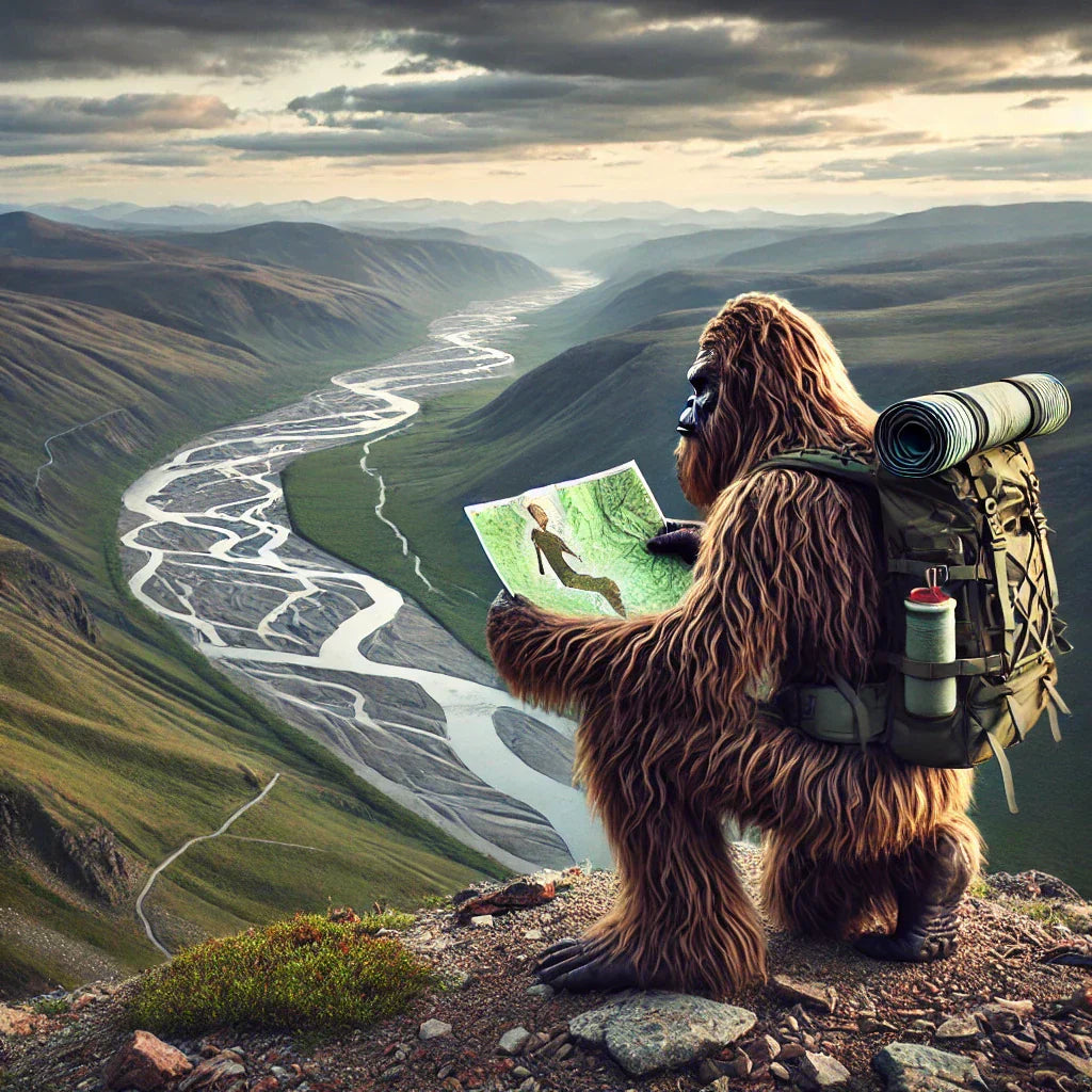 A Sasquatch standing on a ridge, studying a topographic