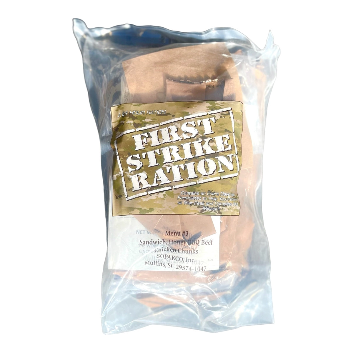 Package of 'First Strike Ration' with a camouflage label on a white background