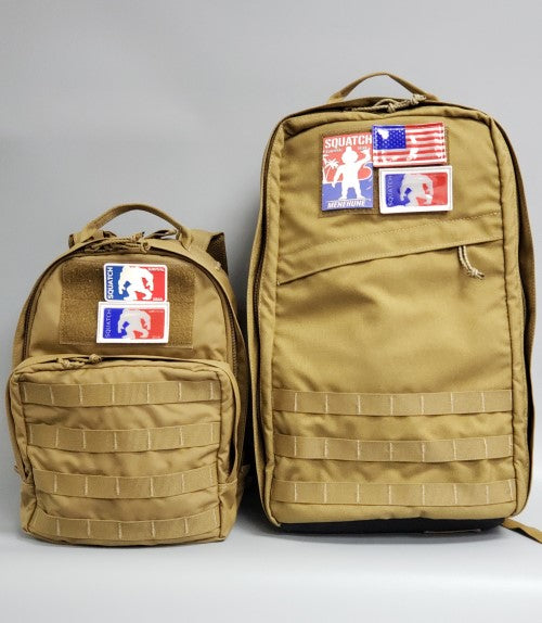 Coyote Squatch Survival Gear Night Howler backpack for outdoor adventures and everyday carry. Lightweight hiking daypack with multiple compartments, durable camping gear, and compact travel backpack for men and women. Perfect EDC backpack. size comparison to a Menhune backpack