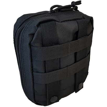 Tactical IFAK – Advanced first aid kit with hemostatic gauze, tourniquet, and trauma tools, shown belt-mounted for field use.