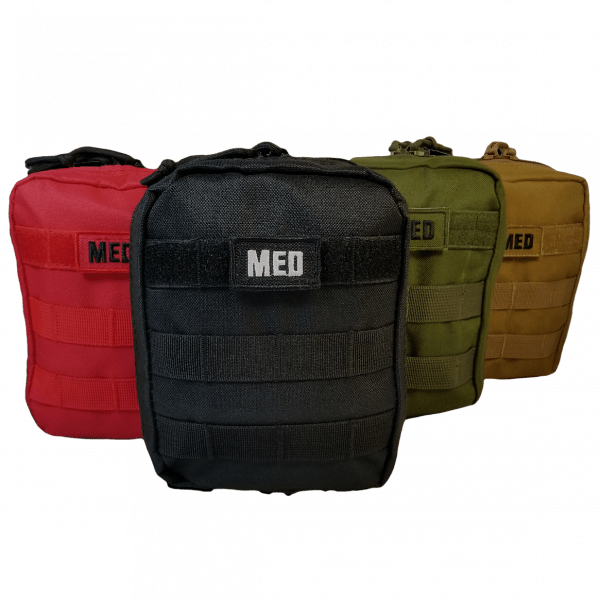 Tactical IFAK – Advanced first aid kit with hemostatic gauze, tourniquet, and trauma tools, shown belt-mounted for field use.