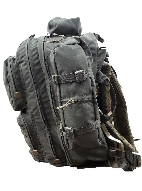 Ranger Green 55 Liter pack side view -back country gear - outdoor camping - backpack - tactical gear - tactical kit - survival offgrid survival - pack - survival hunting gear - internet packs - squatch survival gear - made in america packs - made in the usa -