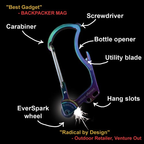firebiner - carabiner - d-ring - fire starter - multi tool - survival tool - outdoor element - key chain