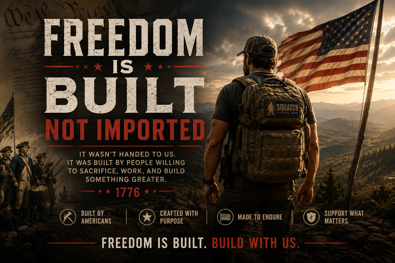 A veteran wearing an American-made backpack stands on a mountain ridge beside an American flag with the words "Freedom Is Built, Not Imported," representing patriotism, sacrifice, and American manufacturing.