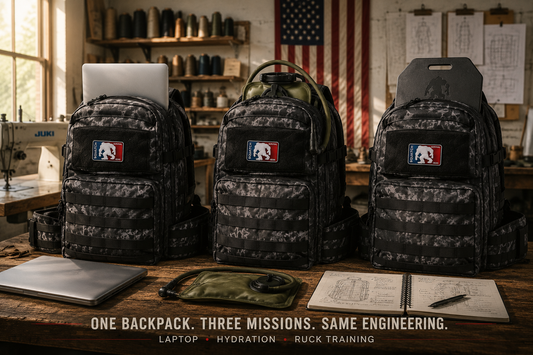 Three American-made Squatch Survival Gear Mothman backpacks show how the same backpack supports laptop carry, hydration, and ruck training through a versatile internal sleeve design.