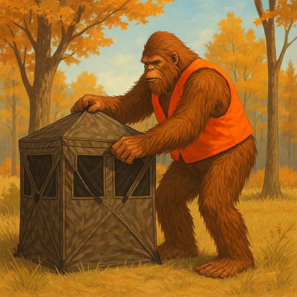 Illustration of Bigfoot in a hunter-orange vest assembling a deer blind on a Texas deer lease, symbolizing Squatch Survival Gear’s hunting season tips and leave-no-trace ethics.
