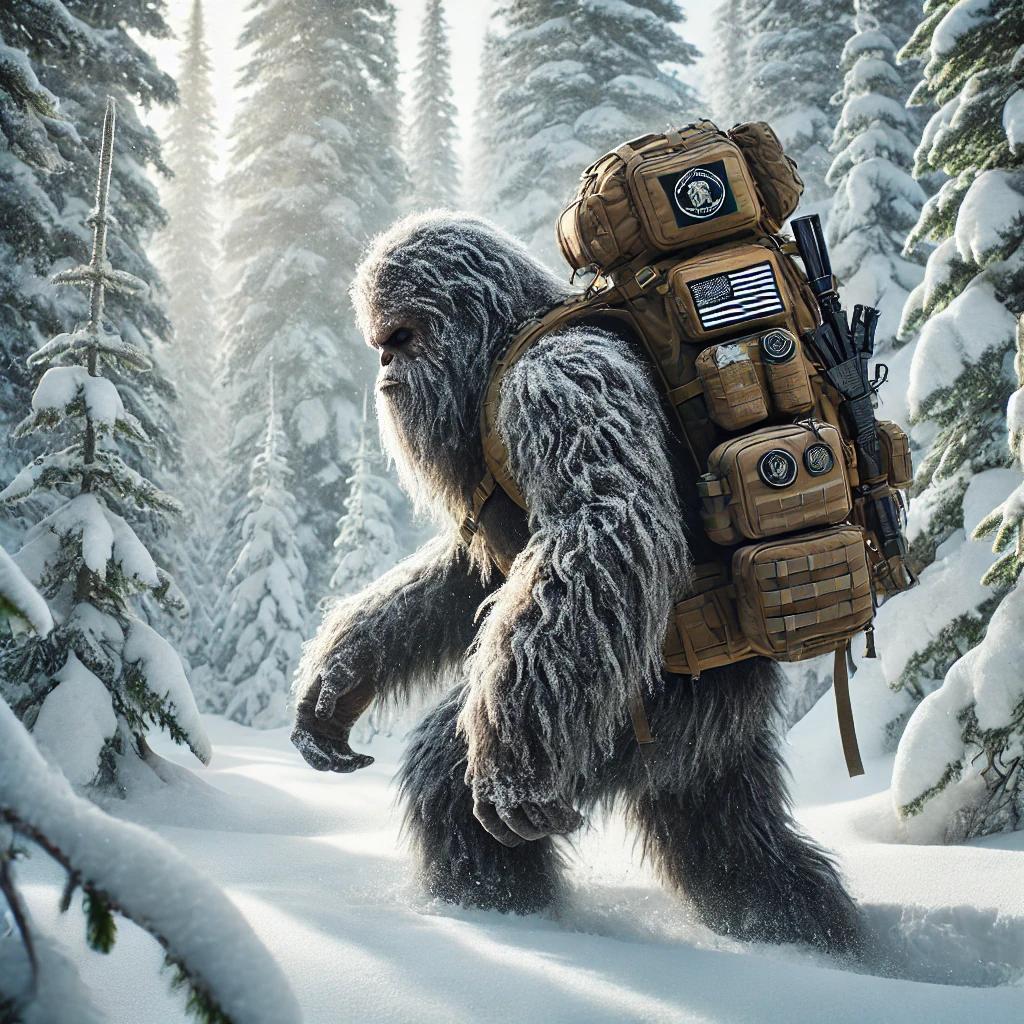 Sasquatch traveling through the snow with a rugged tactical backpack, perfect for visually enhancing your blog post about cold-weather travel preparation.