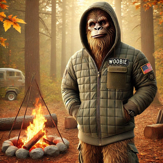 Here’s a friendly Sasquatch rocking a pullover-style Woobie Hoodie near a cozy campfire! It captures warmth, adventure, and a bit of that Squatch Survival Gear spirit.