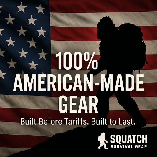 ilhouette of Bigfoot carrying a tactical backpack in front of a waving American flag with bold text reading "100% American-Made Gear – Built Before Tariffs, Built to Last," promoting Berry-compliant survival gear by Squatch Survival Gear.