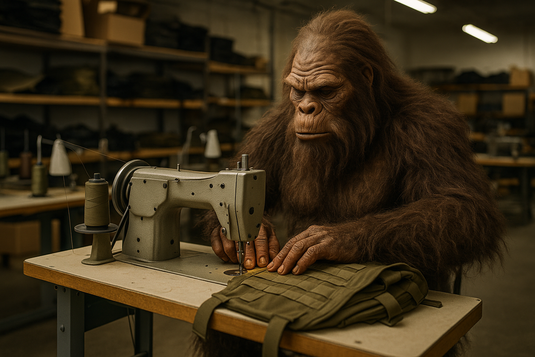 A large Sasquatch from Squatch Survival Gear sews tactical fabric at a vintage industrial sewing machine, symbolizing American-made craftsmanship and small-batch gear production.