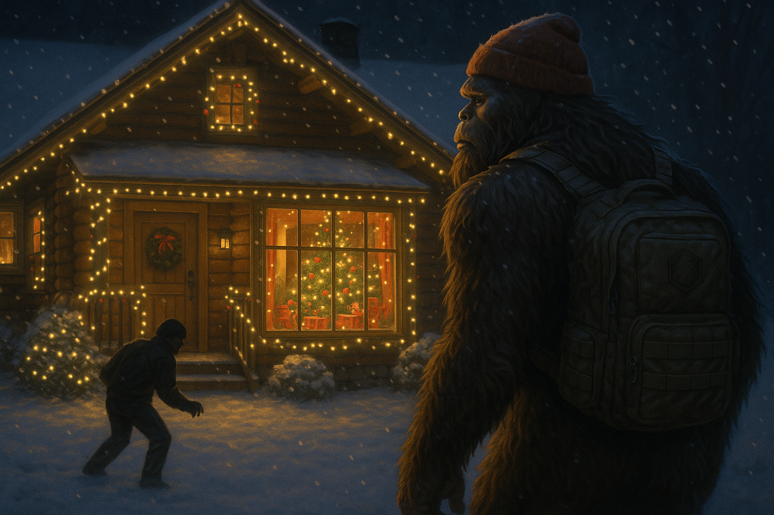 Bigfoot wearing winter Squatch Survival Gear stands outside a decorated cabin at night, watching for break-ins, Christmas lights glowing through frosted windows, tactical holiday safety theme.