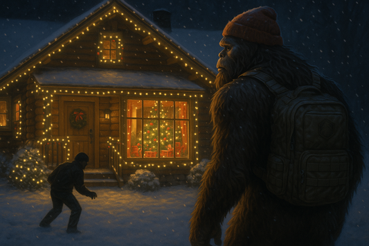 Bigfoot wearing winter Squatch Survival Gear stands outside a decorated cabin at night, watching for break-ins, Christmas lights glowing through frosted windows, tactical holiday safety theme.