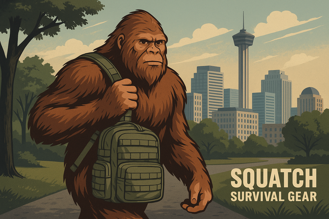Bigfoot carrying a Squatch Survival Gear pack walks through an urban park toward the San Antonio skyline with the Tower of the Americas, symbolizing veterans adapting their field mindset for civilian preparedness.
