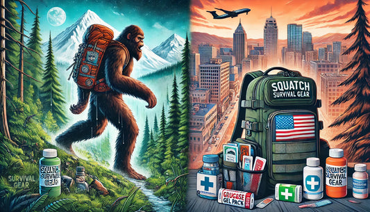 Bigfoot on a hike in the forest with a Squatch Survival Gear backpack, split with Bigfoot in a city carrying a tactical pack. Both show medical supplies and highlight outdoor and urban readiness