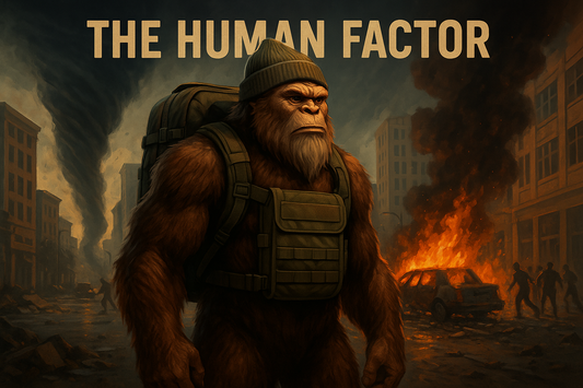 Sasquatch wearing an American-made survival backpack and chest rig stands in a chaotic urban street with fires, looters, and a storm behind him — symbolizing the human factor and dark side of emergencies in disasters like Hurricane Katrina