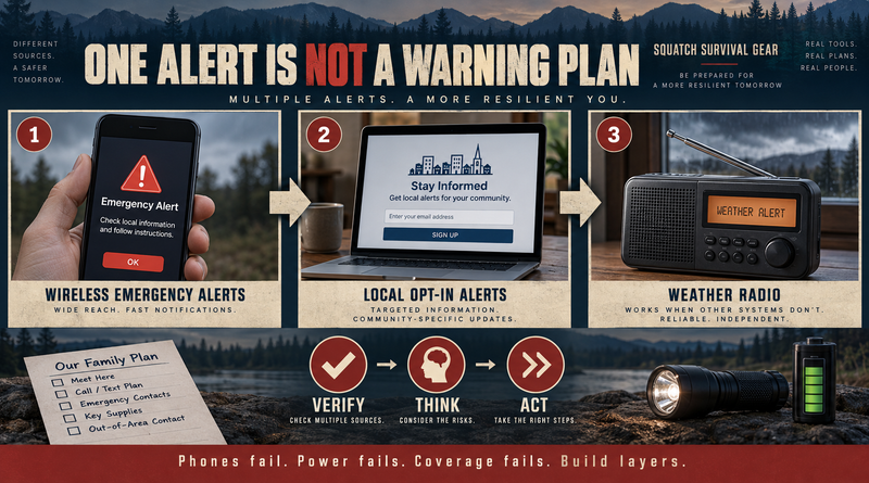 Squatch Survival Gear infographic showing a phone alert, local emergency-alert signup, weather radio, family plan, flashlight, and backup battery as layers in an emergency warning plan.