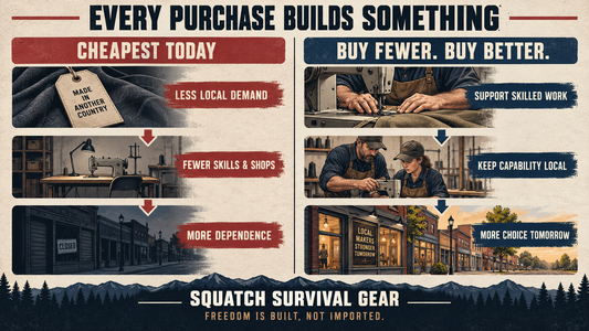Squatch Survival Gear infographic illustrating the American-made paradox: how choosing the lowest price can weaken domestic manufacturing, skilled trades and communities.