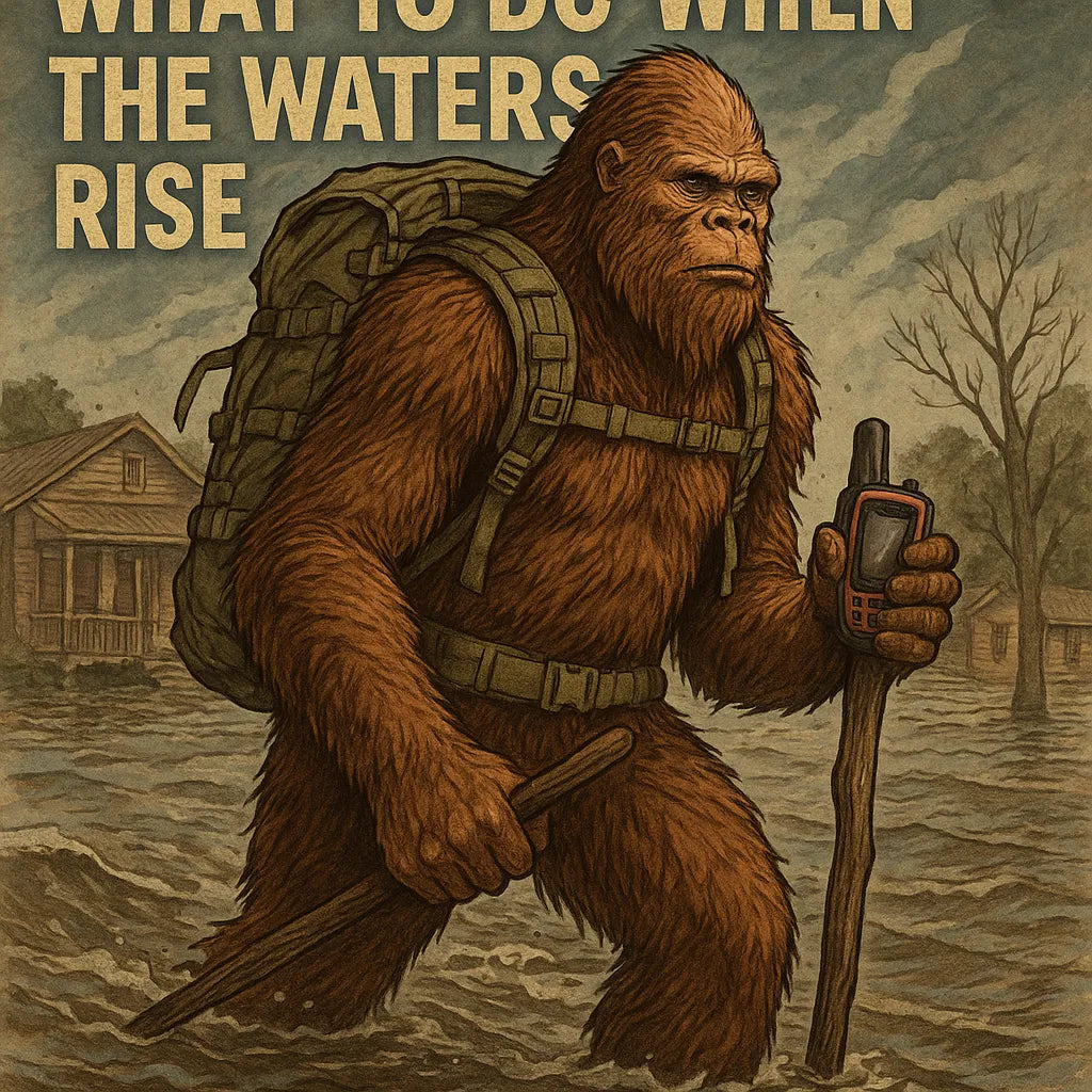 Sasquatch carrying a pack and GPS through floodwaters in a storm, representing flood survival gear from Squatch Survival Gear.