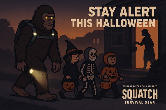 Bigfoot leading a small group of trick-or-treaters at dusk wearing reflective gear and Squatch Survival Gear packs — Halloween safety awareness message, “Fortune Favors the Prepared.”
