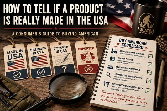 Infographic showing how to identify products made in the USA with a Buy American Scorecard comparing Made in USA, Assembled in USA, Designed in USA, and Imported product labels.