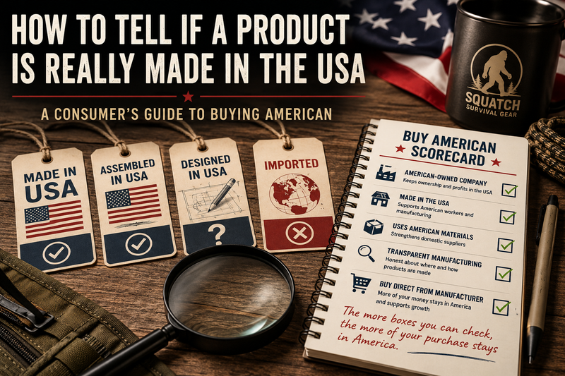 Infographic showing how to identify products made in the USA with a Buy American Scorecard comparing Made in USA, Assembled in USA, Designed in USA, and Imported product labels.
