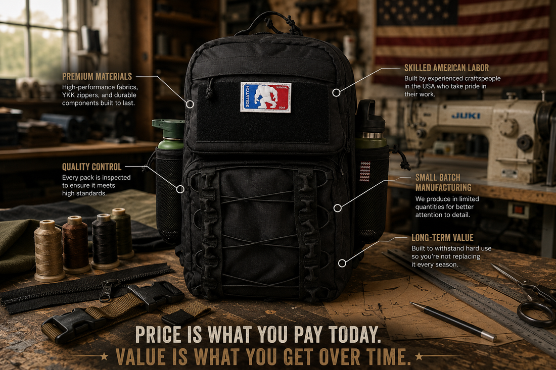 American-made backpack in a U.S. sewing workshop surrounded by Cordura fabric, webbing, YKK zippers, thread, and hardware, illustrating the craftsmanship, premium materials, quality control, and small-batch manufacturing behind American-made gear.