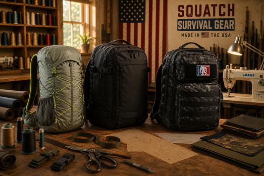Three different backpack styles displayed inside an American sewing workshop, illustrating the engineering tradeoffs between lightweight hiking, travel, and rugged American-made backpack designs.