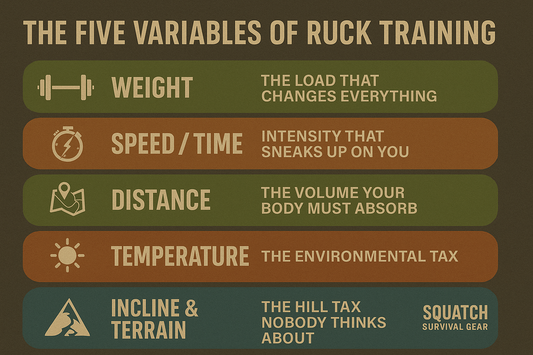 Landscape infographic explaining the five variables of ruck training—weight, speed and time, distance, temperature, and incline or terrain—designed in Squatch Survival Gear’s color palette with branding in the lower-right corner