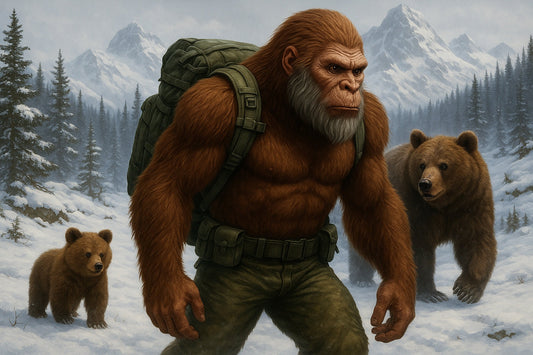 Sasquatch observes a brown bear and cub in snowy Alaskan terrain, highlighting wilderness survival from Chapter 7 of Against the Odds.