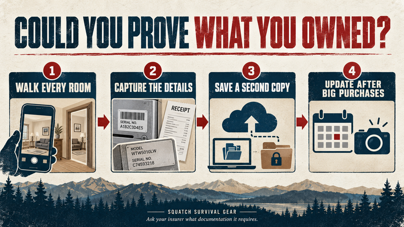 Squatch Survival Gear infographic showing four home-inventory steps: walk every room, capture serial numbers and receipts, save a second copy, and update after major purchases.