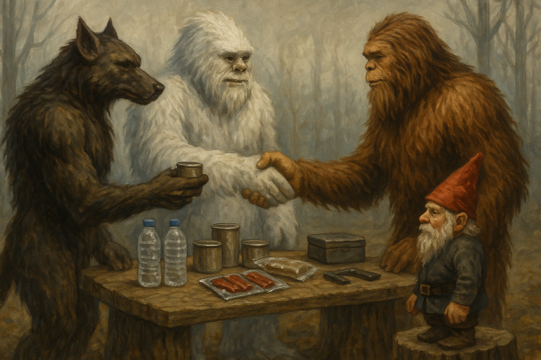 Bigfoot, Dogman, White Yeti, and a Gnome trade supplies like jerky, canned food, water, and tools around a wooden table, symbolizing Squatch Survival Gear’s barter economy survival guide