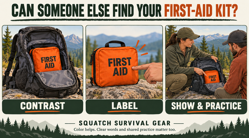 first aid blog info graphic from squatch survival gear, contrast, label and practice