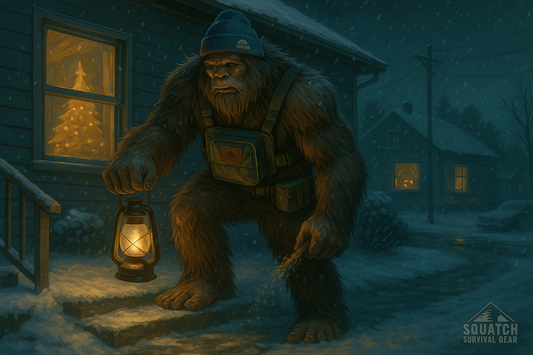 Bigfoot in Squatch Survival Gear treating black ice on winter steps outside a dark house with Christmas lights and a blanket-fort warm zone inside, showing cold-weather survival and power outage preparedness.