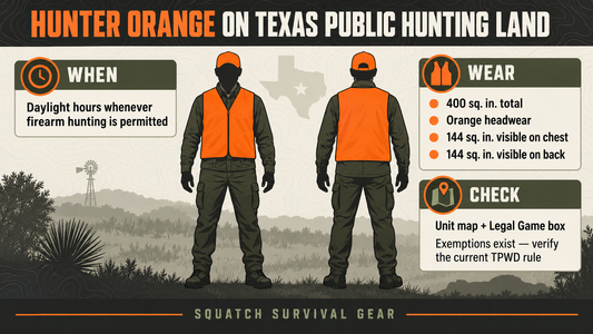 Front and back views of a hunter showing Texas public-land requirements for orange headwear and 400 square inches of visible hunter orange.