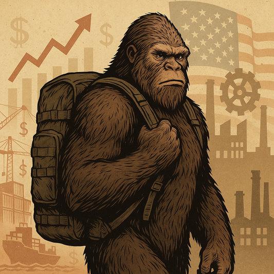 Squatch carrying a tactical backpack, symbolizing American-made survival gear stability versus rising import prices and supply chain chaos.